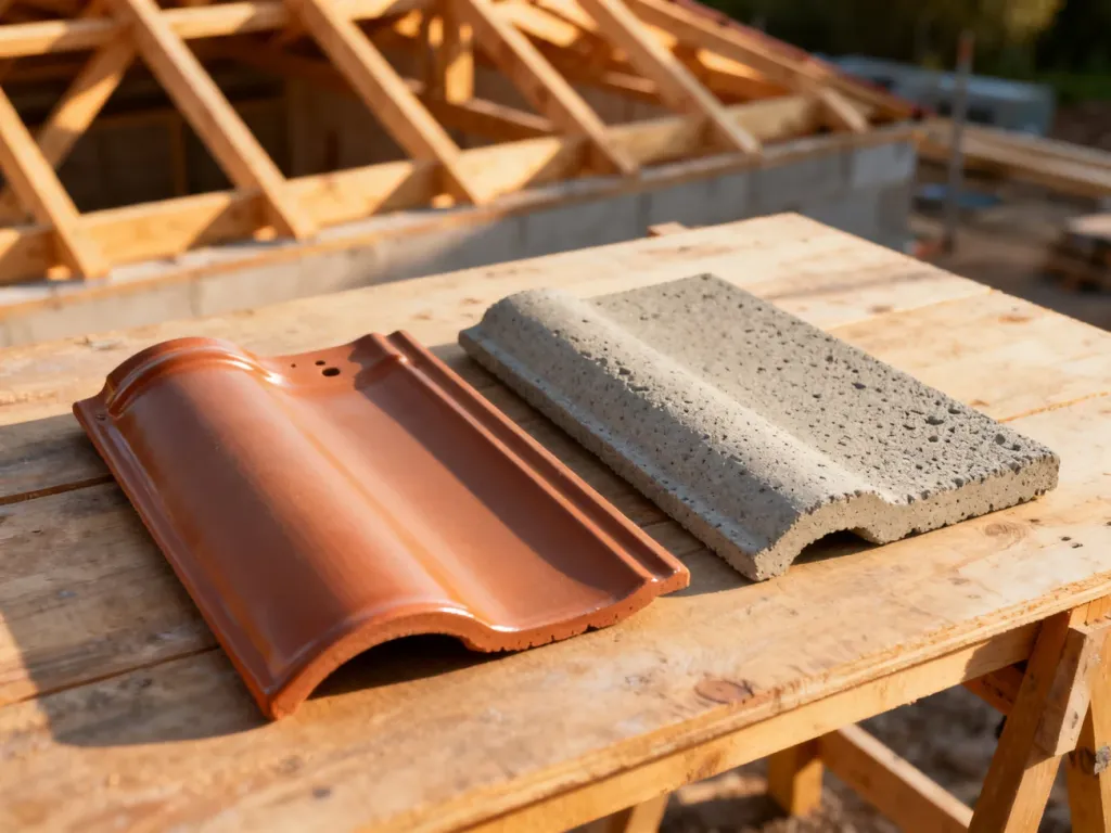 Porównanie dwóch próbek dachówek: gładkiej ceramicznej oraz teksturowanej betonowej na tle drewnianej więźby dachowej.