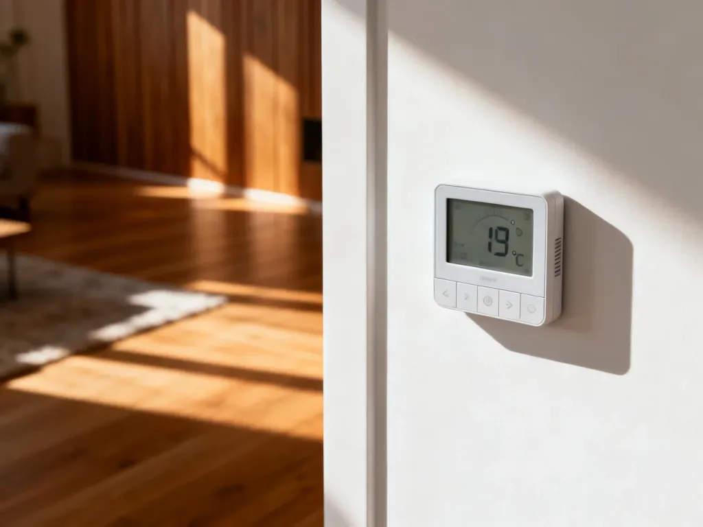 Nowoczesny termostat cyfrowy na ścianie, służący do precyzyjnej regulacji temperatury ogrzewania podłogowego.