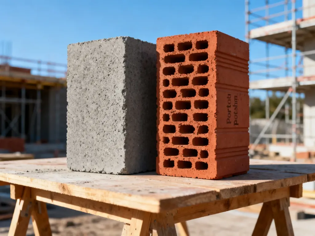 Porównanie cegły silikatowej i pustaka ceramicznego Porotherm na placu budowy.