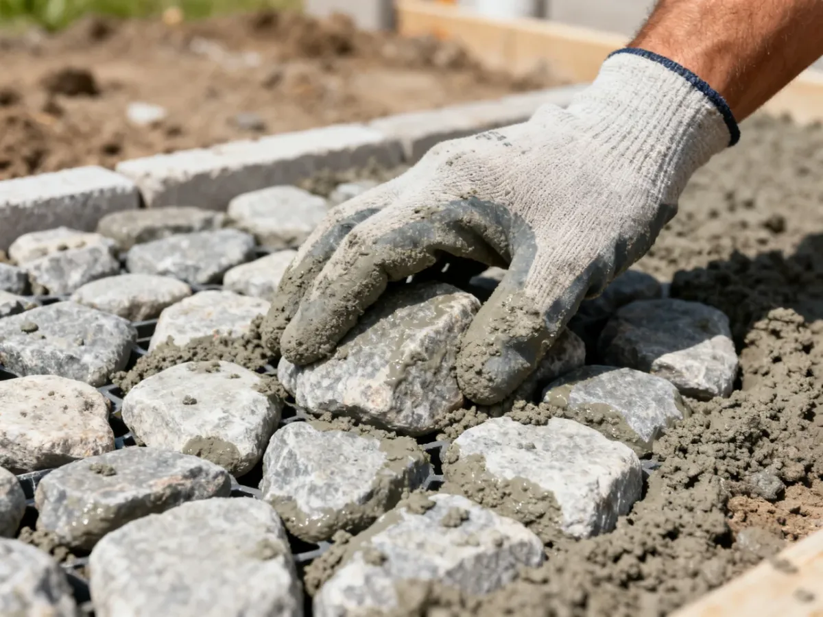 Garść wilgotnego betonu drenażowego z widocznymi pustymi przestrzeniami między ziarnami kruszywa
