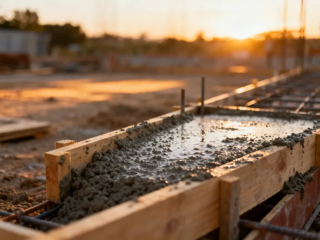 Świeży beton wylany w szalunki fundamentowe w świetle wschodzącego słońca na placu budowy.