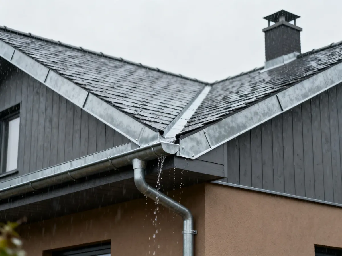 Metal roof flashings directing rainwater around the eaves, chimney, and roof valley