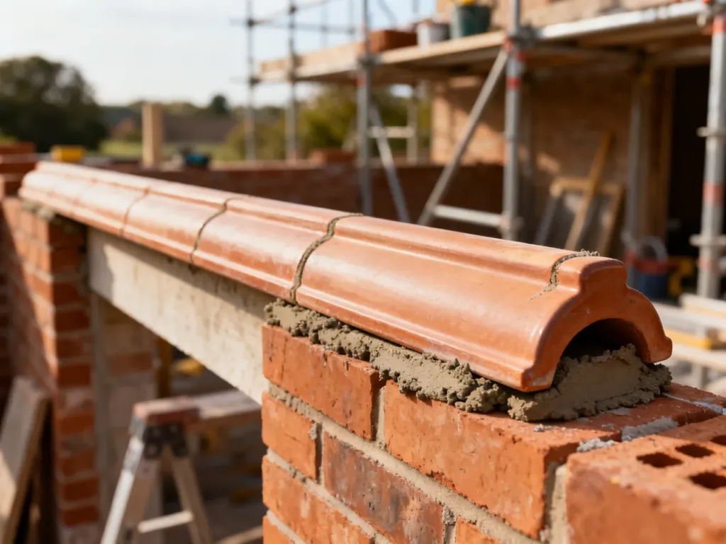 Ceramiczne nadproże osadzone na murze z cegieł, ukazujące precyzyjne połączenie zaprawą na placu budowy.