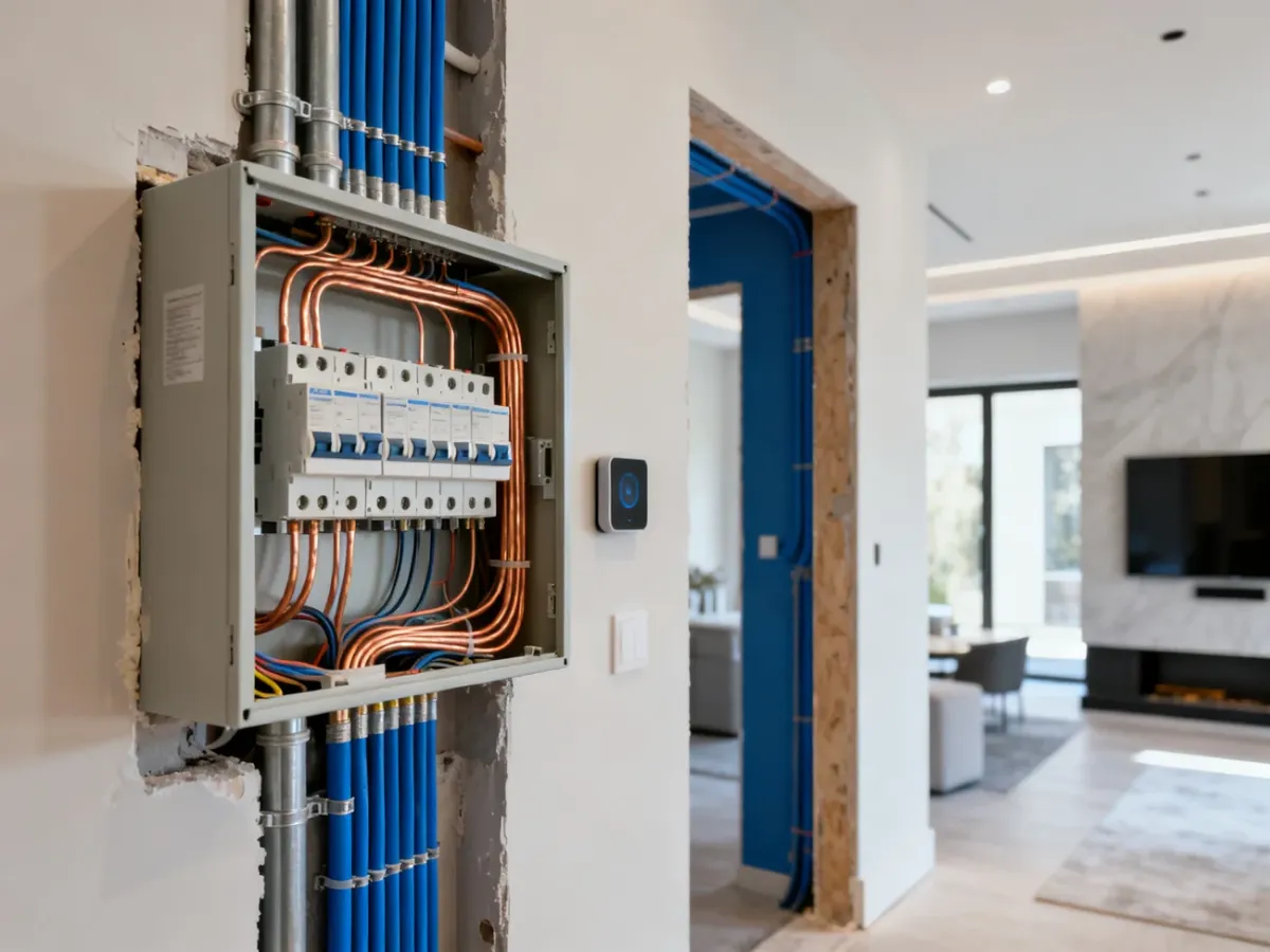 Nowoczesna instalacja elektryczna w domu z rozdzielnicą i uporządkowanym okablowaniem