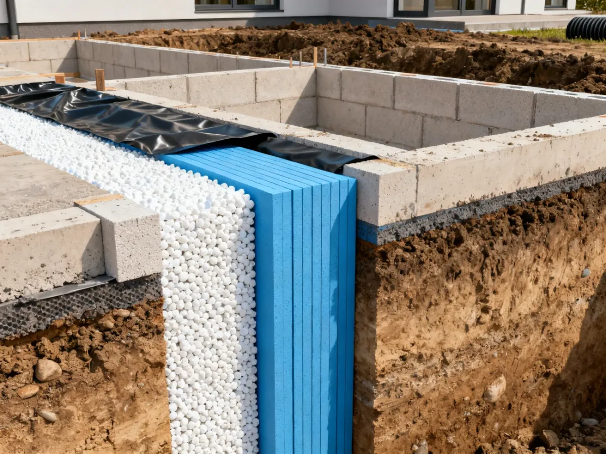 Przekrój fundamentu domu z hydroizolacją oraz płytami EPS i XPS