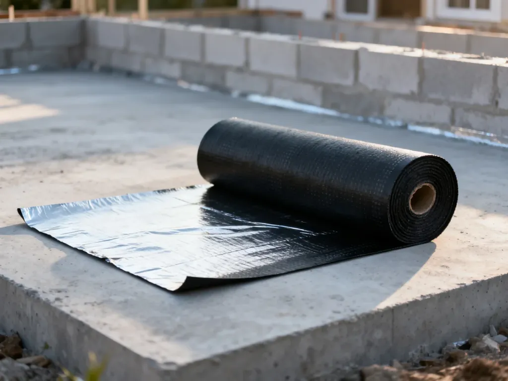 Rolka czarnej papy i arkusz folii budowlanej na betonowym fundamencie, prezentujące materiały do izolacji poziomej.