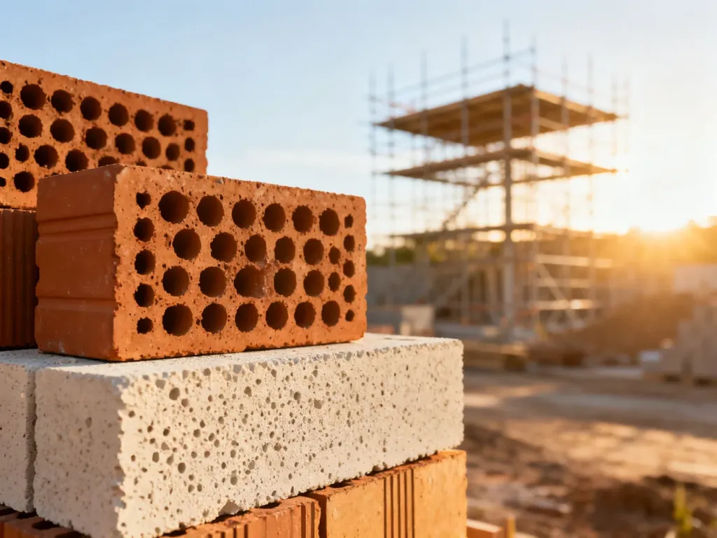 Porównanie pustaków ceramicznych i bloczków z betonu komórkowego na placu budowy w świetle porannego słońca.