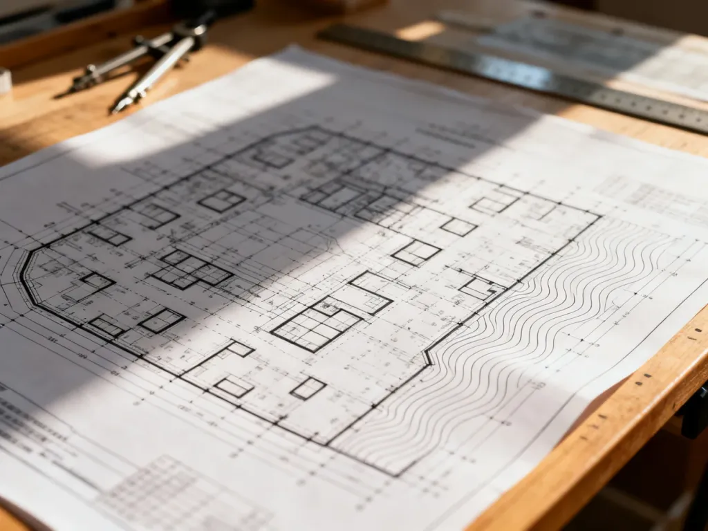 Profesjonalna mapa do celów projektowych rozłożona na drewnianym stole kreślarskim z widocznymi detalami technicznymi.