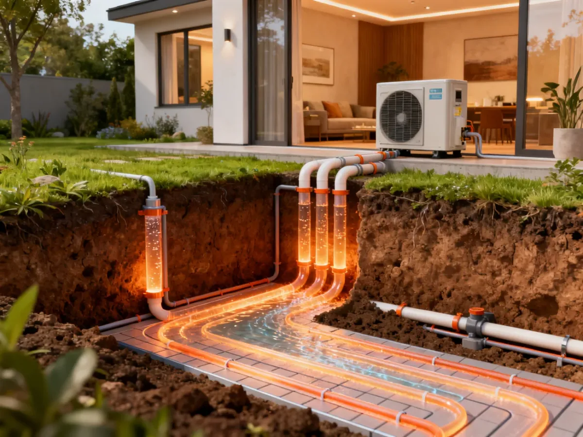 Przekrój instalacji gruntowej pompy ciepła pobierającej energię z ziemi i przekazującej ją do ogrzewania domu