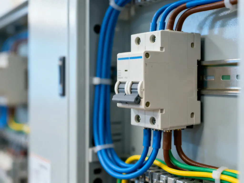 Zbliżenie na nowoczesny wyłącznik różnicowoprądowy z uporządkowanym okablowaniem w rozdzielnicy elektrycznej.