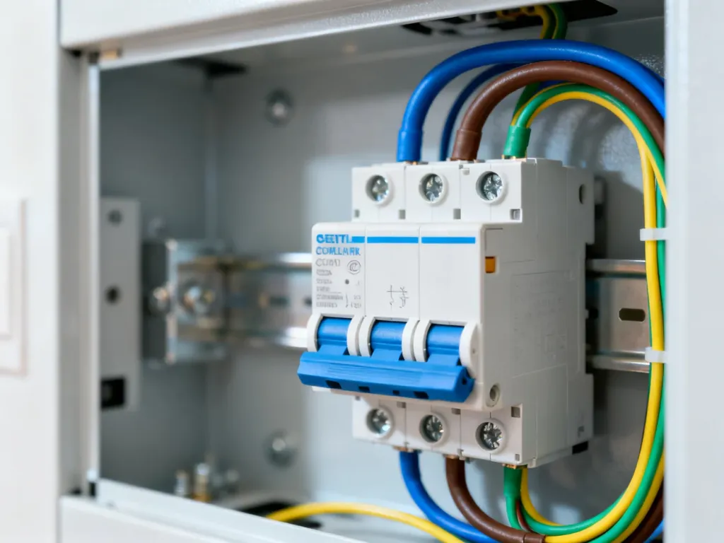 Zbliżenie na wyłącznik różnicowoprądowy w rozdzielnicy elektrycznej z poprawnie podłączonymi przewodami instalacyjnymi.