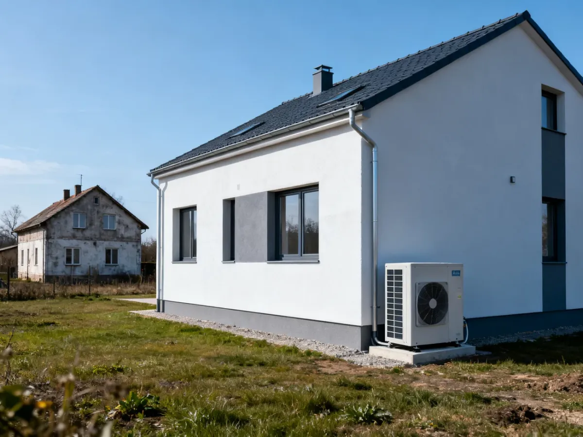 Pompa ciepła przy dobrze ocieplonym domu, z older house w tle