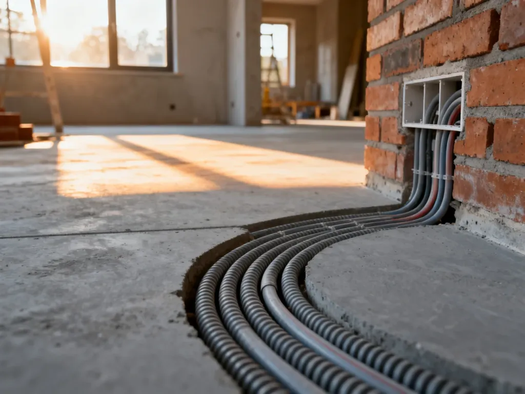Szare betonowe podłoże z wyprowadzonymi peszlami elektrycznymi oraz wykute bruzdy w ceglanej ścianie na placu budowy.