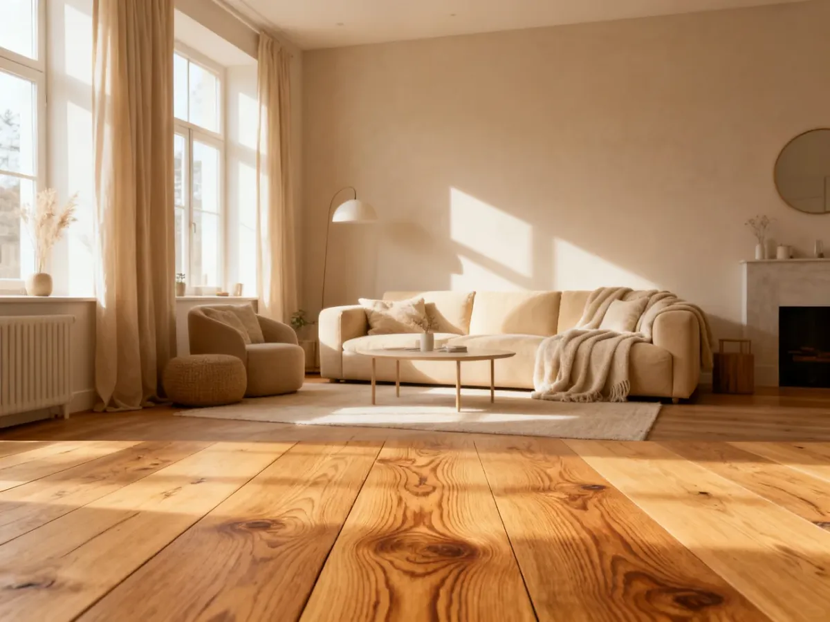 Przytulny salon z naturalną drewnianą podłogą