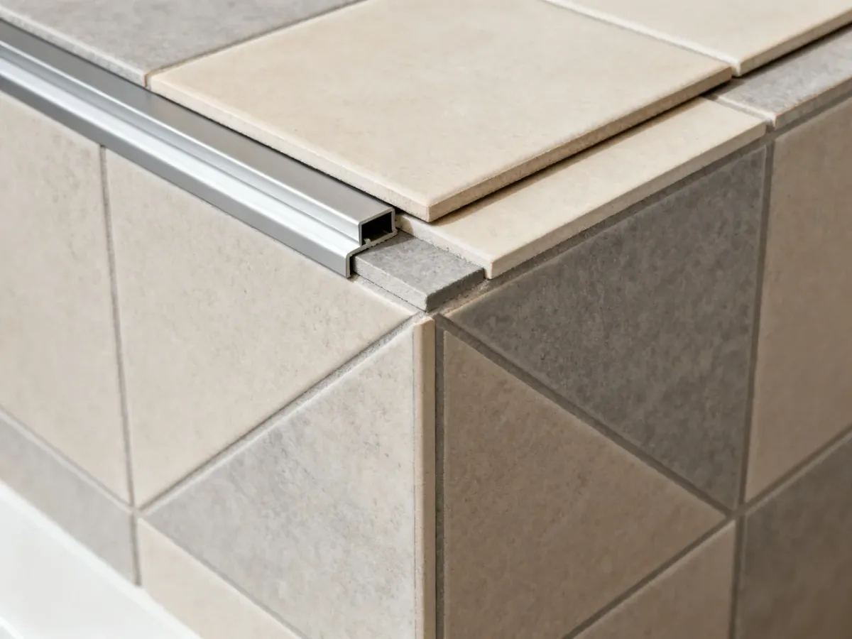 Narożnik zewnętrzny płytek ceramicznych z listwą i wykończeniem gierunkiem
