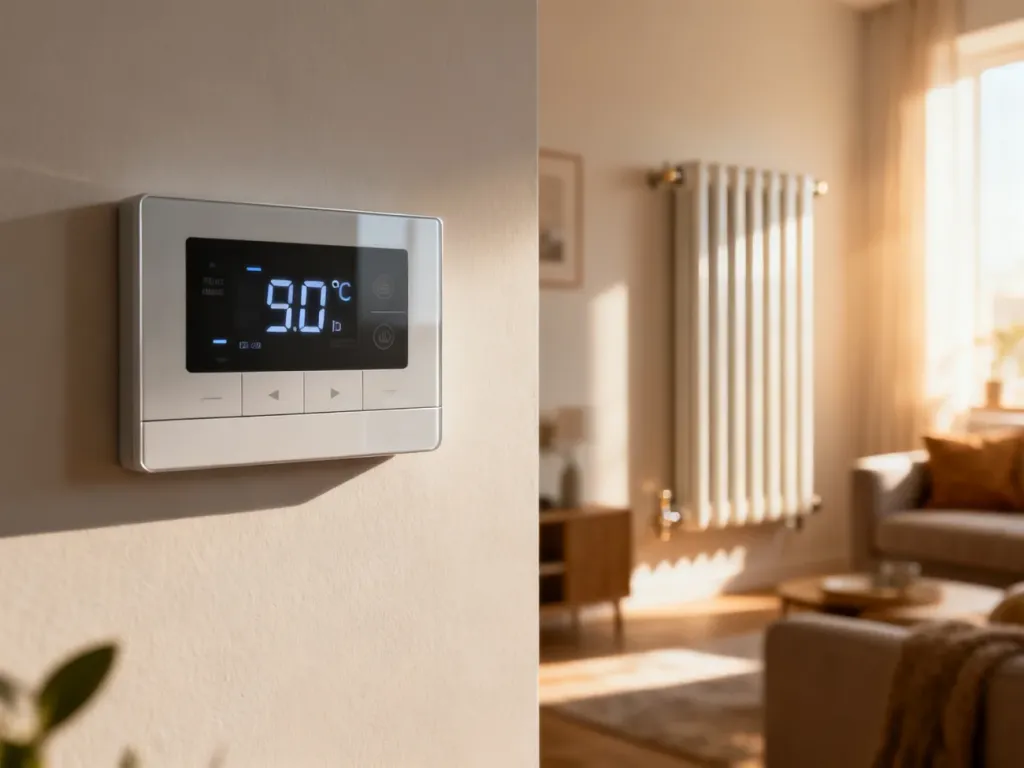 Cyfrowy wyświetlacz nowoczesnego kotła gazowego z ustawieniami temperatury na tle przytulnego salonu z grzejnikiem.