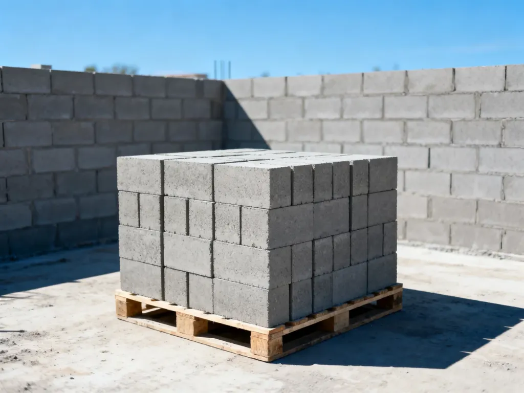 Ułożone na palecie bloczki betonowe 14 cm oraz fragment wznoszonej ściany na placu budowy.
