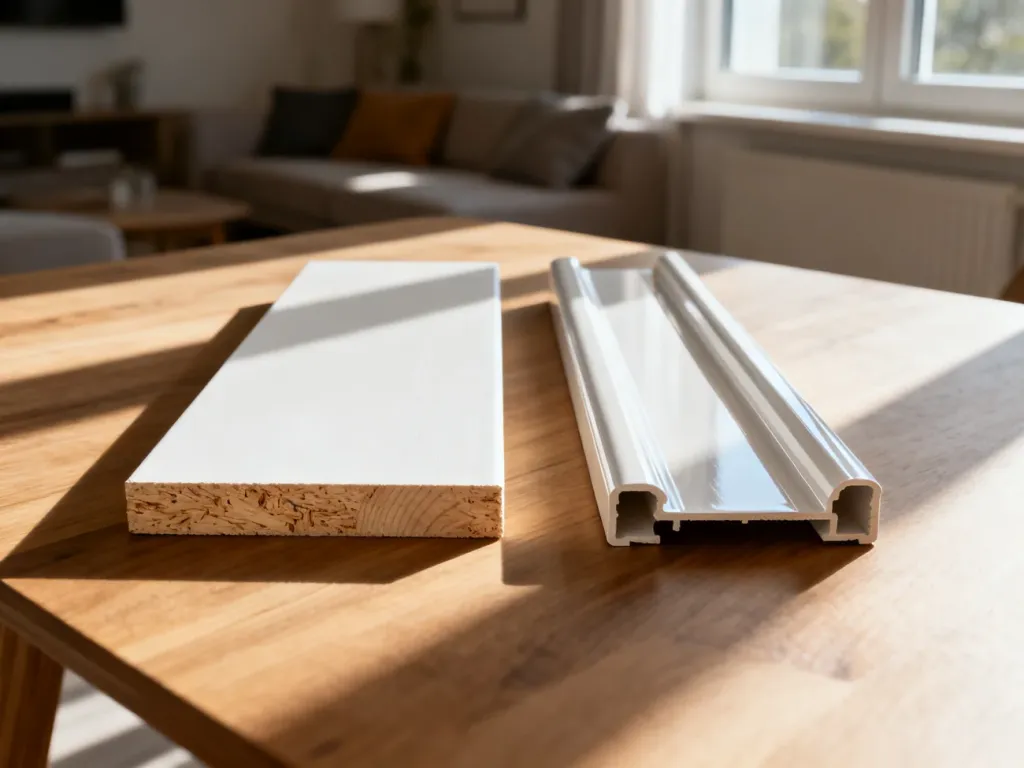 Porównanie próbek parapetów z MDF i PCV leżących na drewnianym stole, ułatwiające wybór materiału do wnętrza.