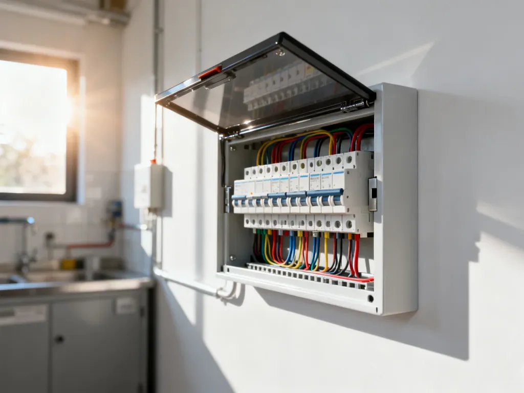 Nowoczesna rozdzielnia elektryczna z uporządkowanymi bezpiecznikami i kolorowym okablowaniem na białej ścianie.