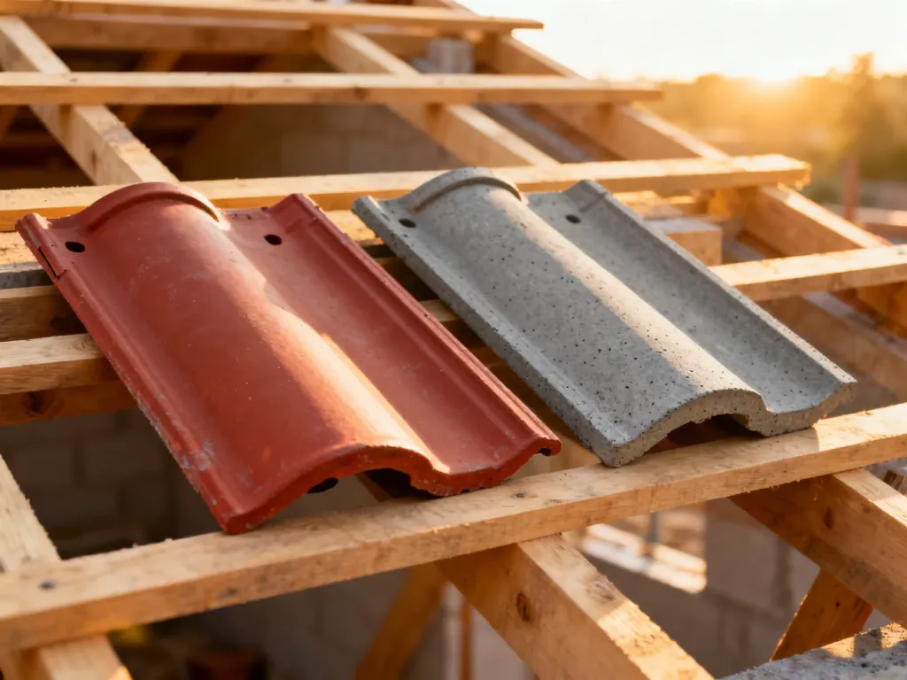 Porównanie czerwonej dachówki ceramicznej i szarej betonowej na drewnianej konstrukcji dachu.