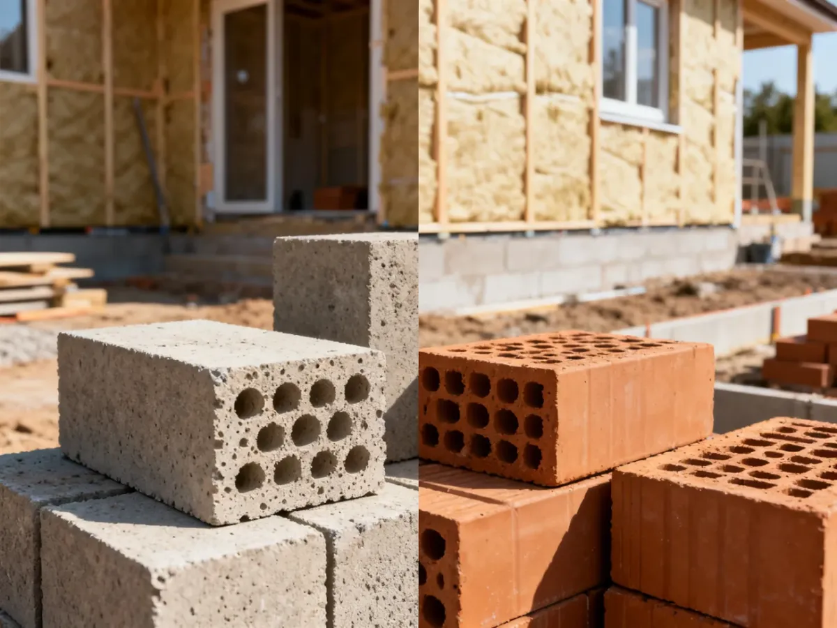 Bloczki z betonu komórkowego i pustaki ceramiczne na placu budowy