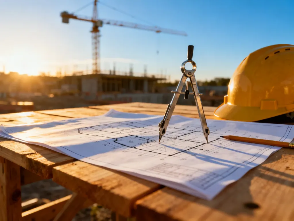 Plany architektoniczne z narzędziami pomiarowymi i kaskiem na tle budowy w świetle zachodzącego słońca.