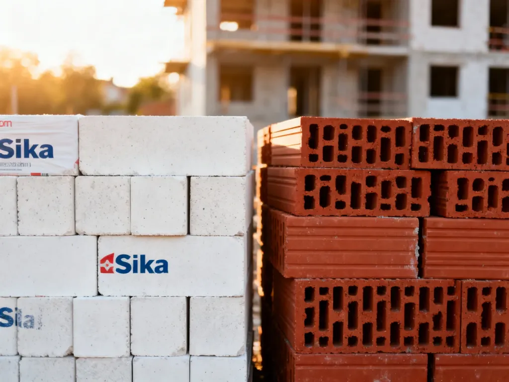 Porównanie białych cegieł silikatowych oraz czerwonych pustaków ceramicznych na placu budowy.