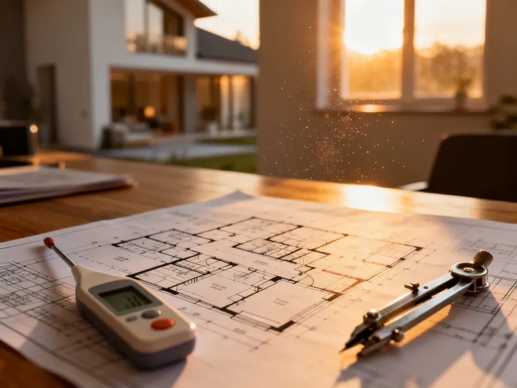 Projekt architektoniczny domu na drewnianym biurku z narzędziami pomiarowymi, symbolizujący planowanie efektywności cieplnej.