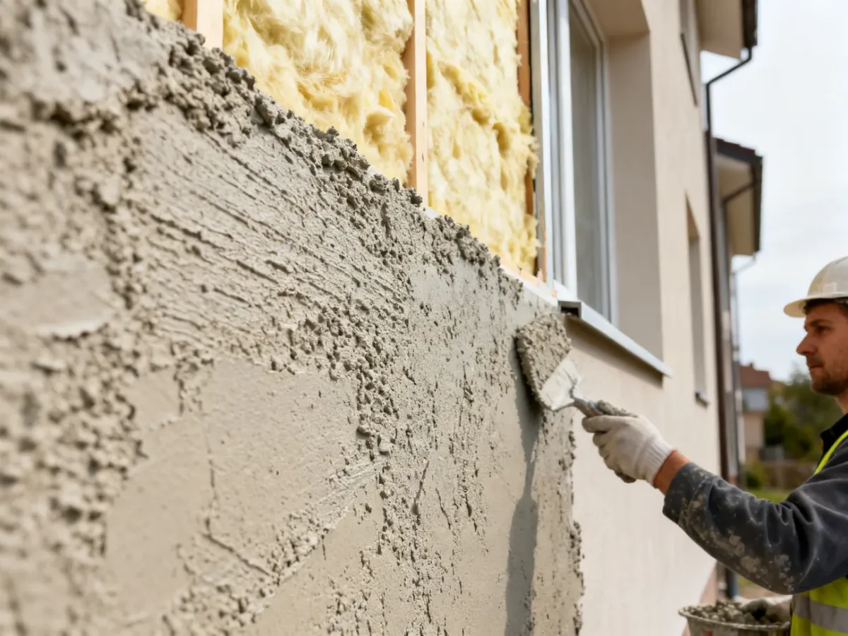 Nakładanie tynku mineralnego na elewację ocieploną wełną mineralną