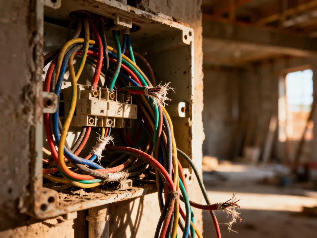 Niechlujnie połączone, poplątane przewody w puszce elektrycznej, obrazujące niebezpieczne błędy w instalacji.