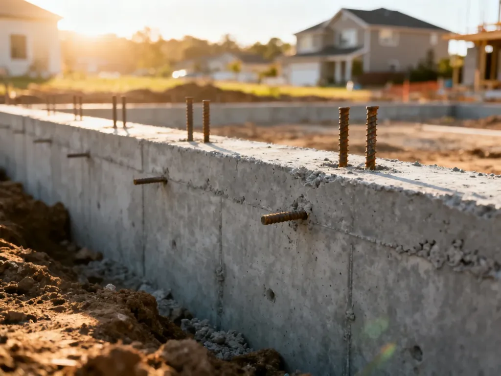 Fundament betonowy wystający ponad poziom gruntu z widocznym zbrojeniem na placu budowy w słoneczny dzień.