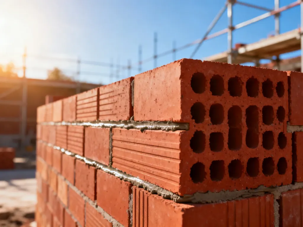 Zbliżenie na precyzyjnie ułożone pustaki ceramiczne Porotherm połączone cienką warstwą specjalistycznej zaprawy klejowej.