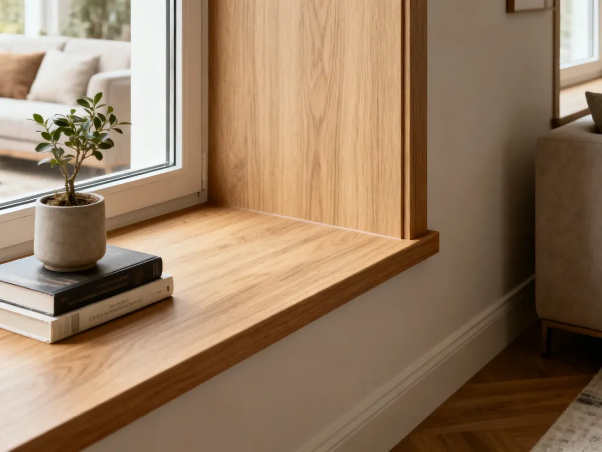 Elegancki parapet MDF w jasnym salonie z drewnopodobnym wykończeniem