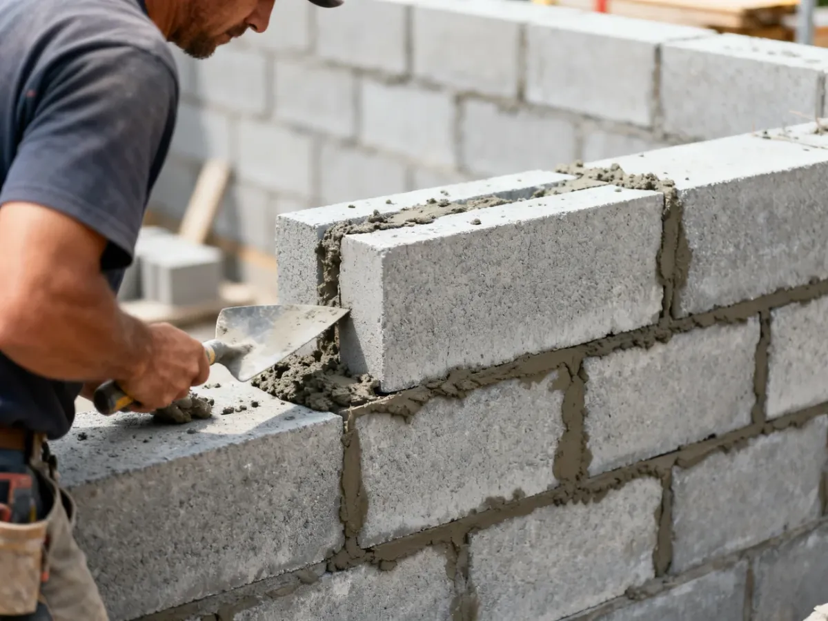 Murowanie ściany z szarych bloczków betonowych