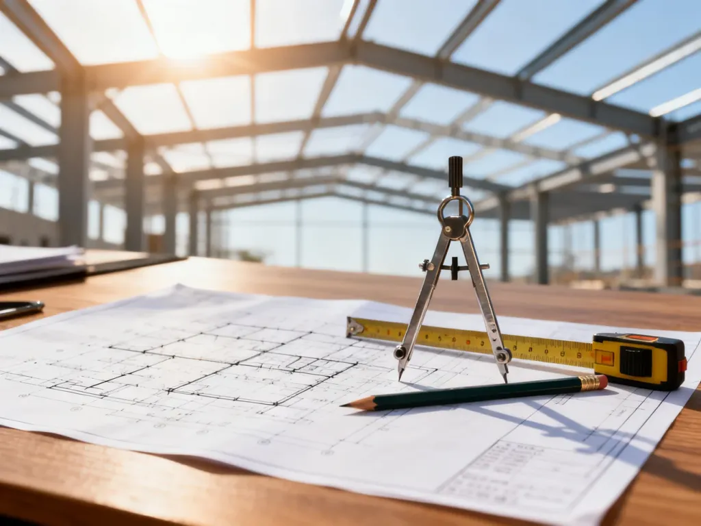 Profesjonalne plany architektoniczne na biurku z przyborami kreślarskimi, w tle widoczna nowoczesna budowa.