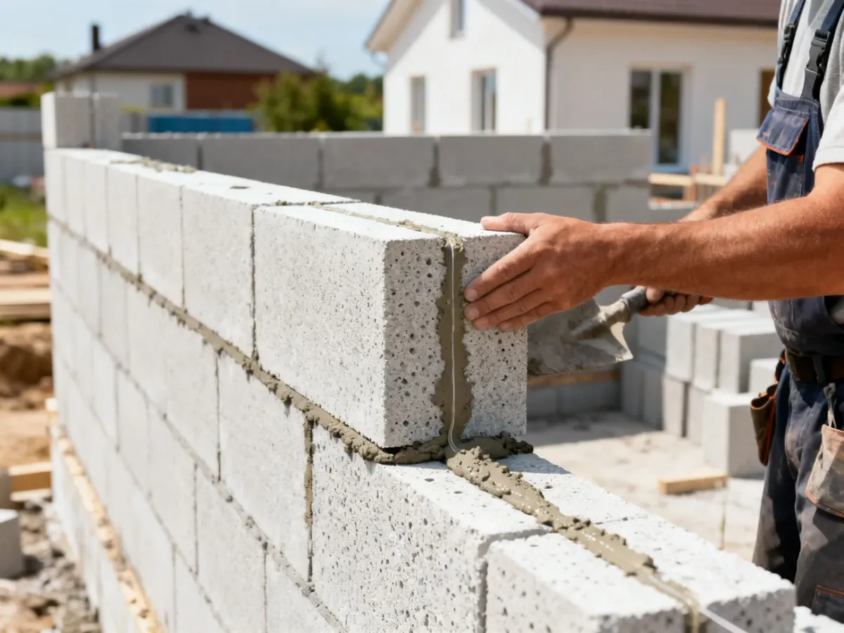 Murowanie ściany z dużych bloczków betonu komórkowego na cienką warstwę zaprawy