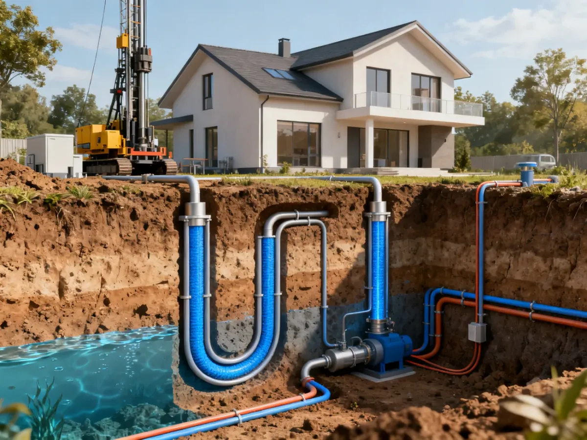 Pionowe sondy geotermalne zainstalowane obok domu jednorodzinnego