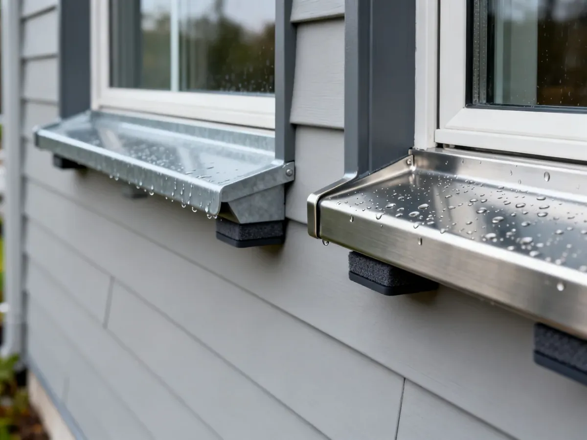 Porównanie stalowego i aluminiowego parapetu pod oknem podczas deszczu