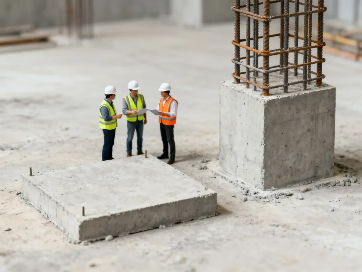 Plac budowy z fundamentem i żelbetowym słupem ilustrującymi różne klasy betonu