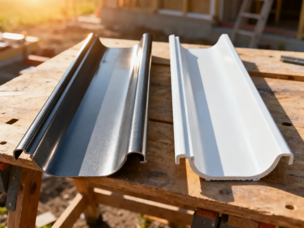 Porównanie fragmentów rynien metalowych i plastikowych na warsztacie, ułatwiające wybór odpowiedniego systemu orynnowania.