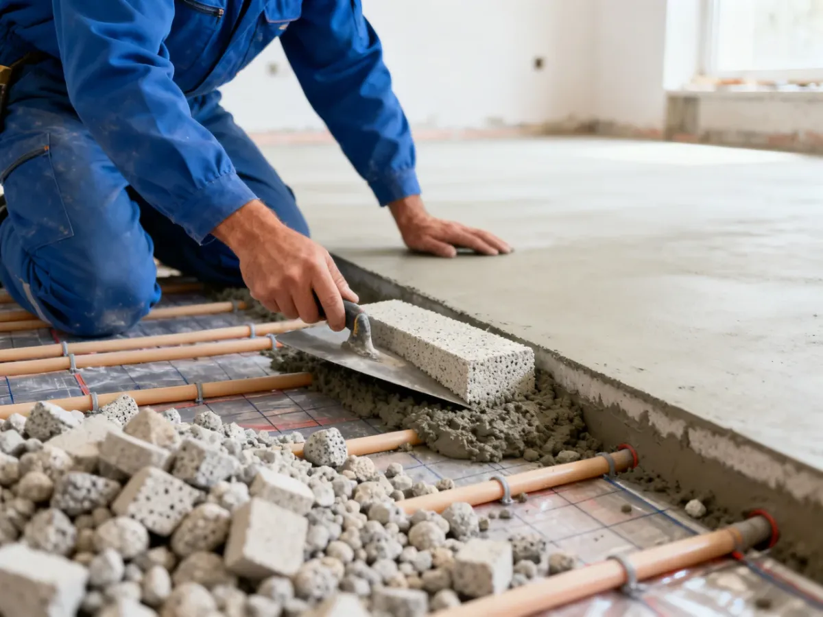 Układanie betonu lekkiego na podłodze z instalacją ogrzewania podłogowego