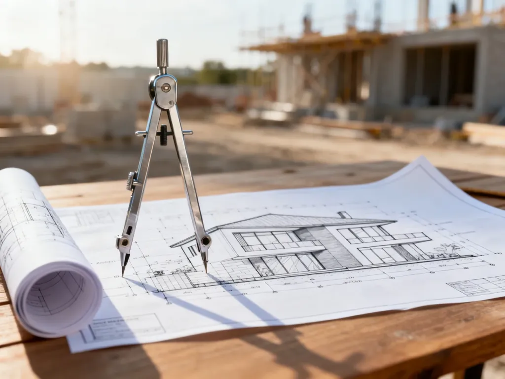 Projekt architektoniczny nowoczesnego domu rozłożony na drewnianym stole wraz z przyborami kreślarskimi.