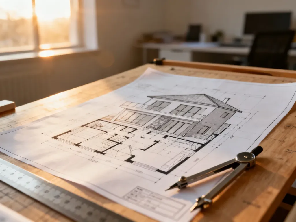 Profesjonalny projekt architektoniczny domu na desce kreślarskiej z przyborami do rysowania technicznego.