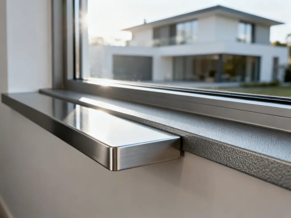Porównanie faktury parapetów stalowych i aluminiowych w świetle dziennym, ułatwiające wybór odpowiedniego materiału.