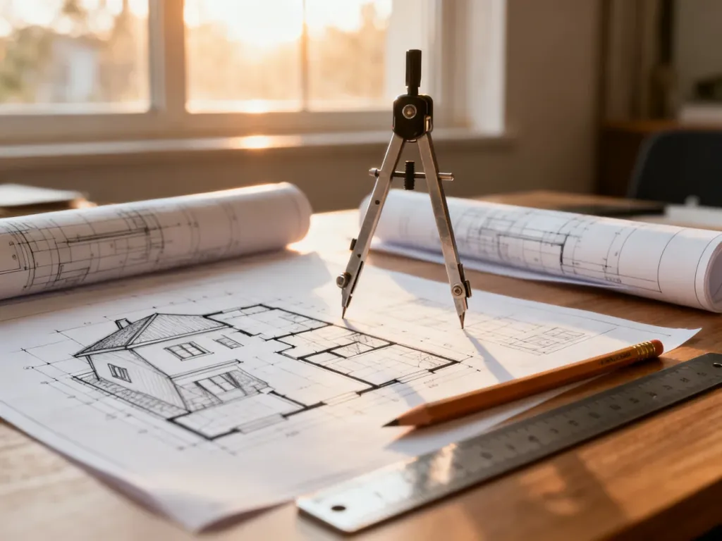 Plany architektoniczne domu z przyborami kreślarskimi na drewnianym biurku, symbolizujące proces projektowania budynku.