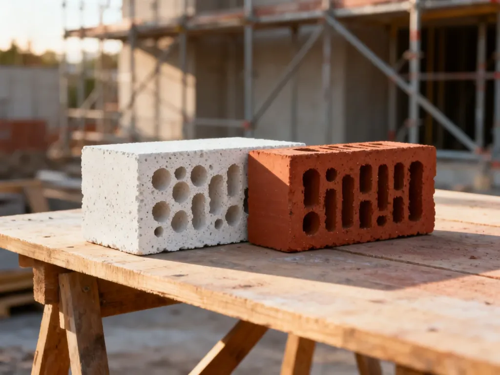 Porównanie bloczka z betonu komórkowego oraz pustaka ceramicznego na placu budowy.