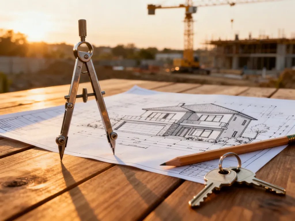Projekt architektoniczny domu na drewnianym stole z kluczami, symbolizujący rozpoczęcie budowy po uzyskaniu pozwolenia.