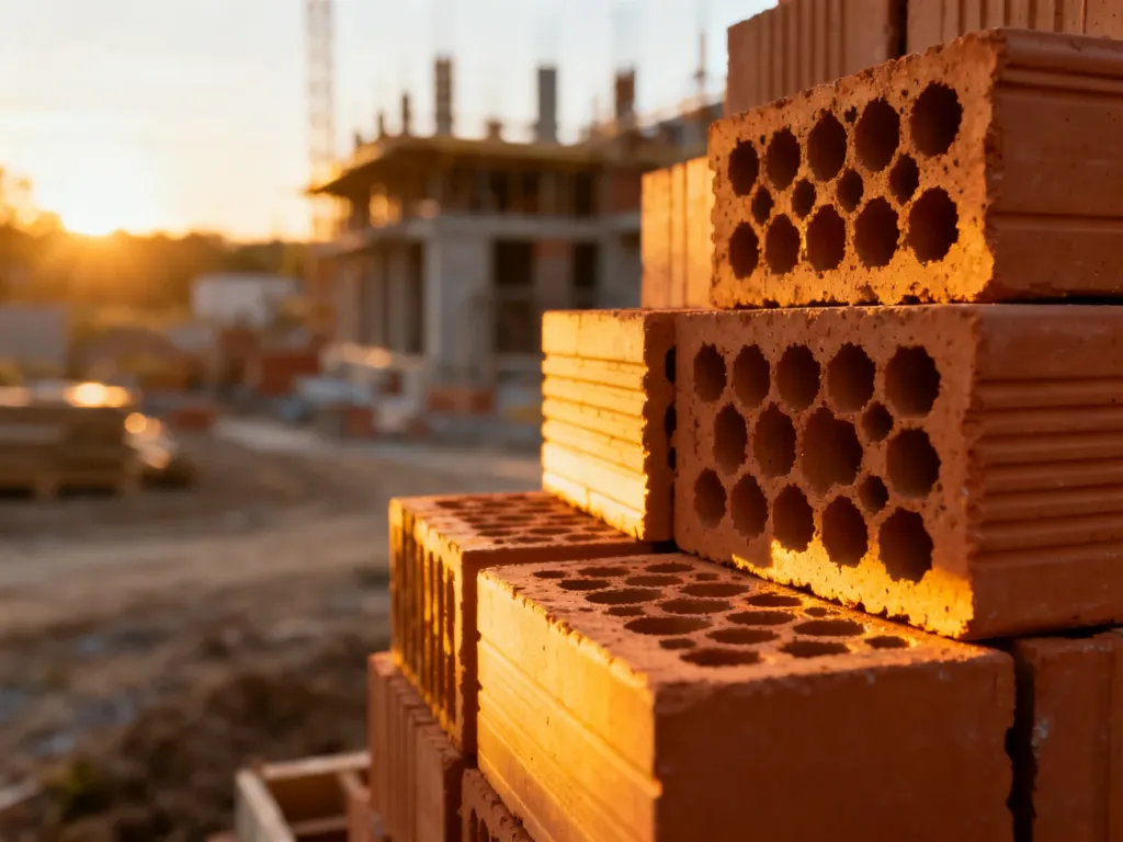 Zbliżenie na stos pustaków ceramicznych Porotherm o charakterystycznej strukturze plastra miodu na placu budowy.