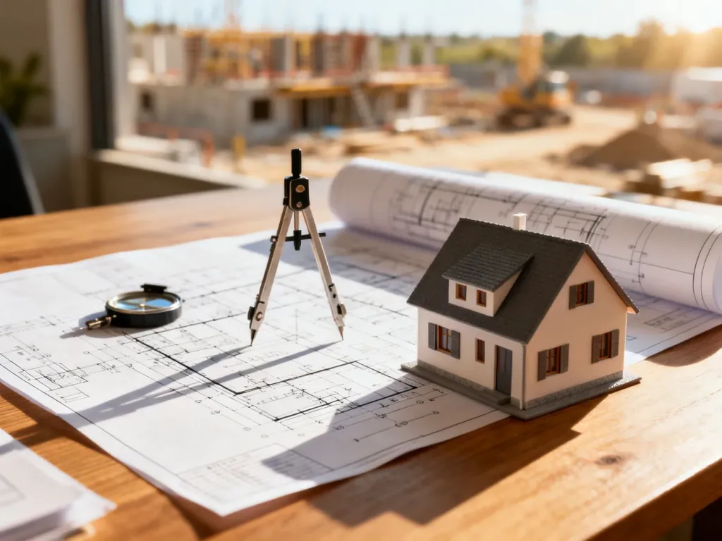 Plany architektoniczne, przybory kreślarskie i model domu na biurku, symbolizujące proces planowania inwestycji budowlanej.