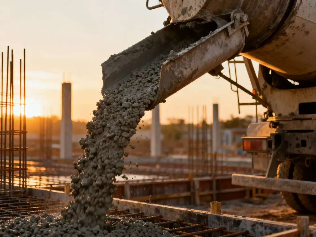 Wylewanie świeżego betonu towarowego z gruszki na placu budowy w świetle zachodzącego słońca.